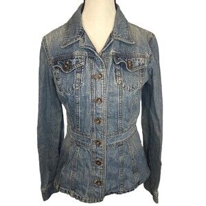 DKNY Womens Button Up Tailored Blue Medium Wash Denim Jacket Sz M